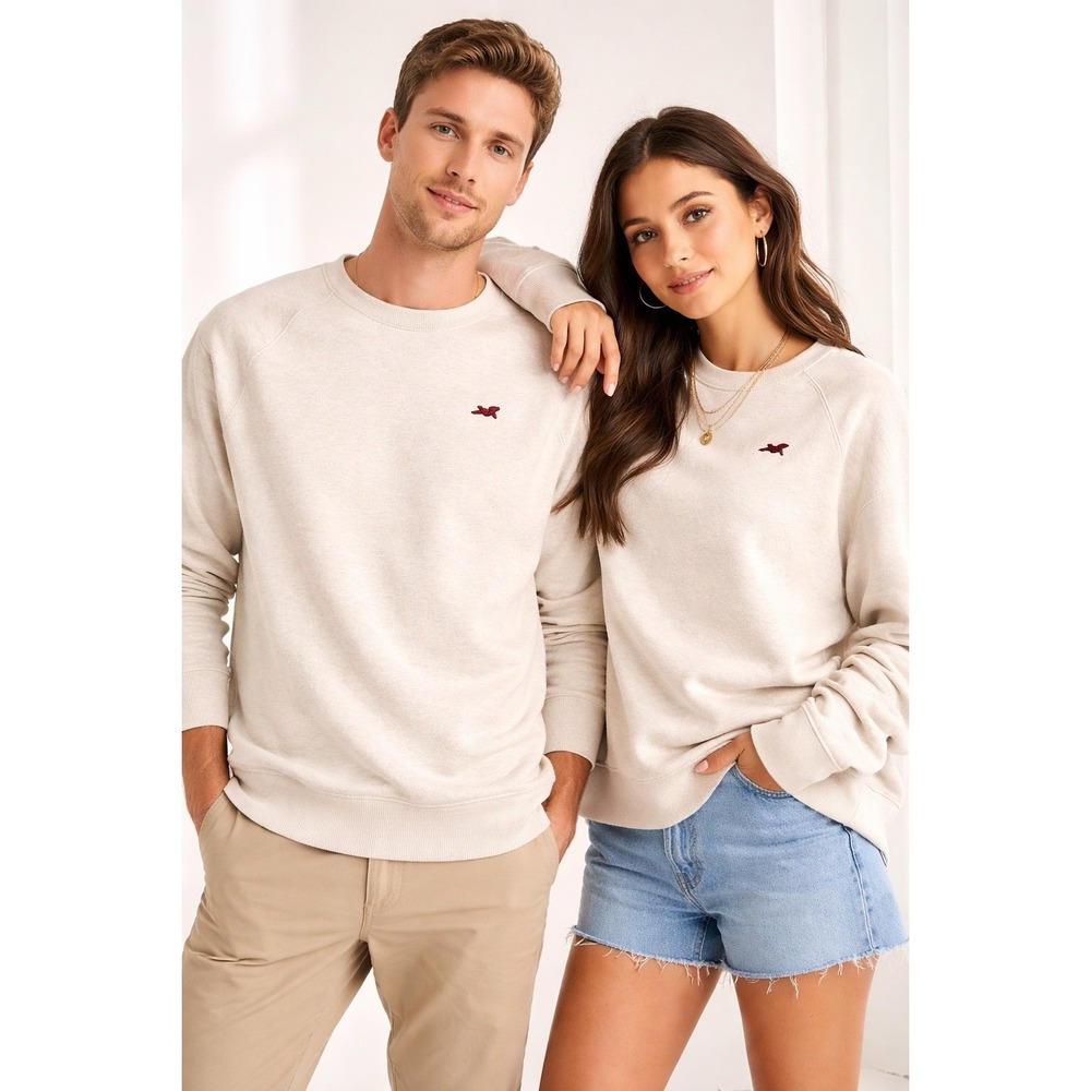 Hollister Crewneck Sweatshirt Cream Oatmeal Pullover Logo Casual Size L